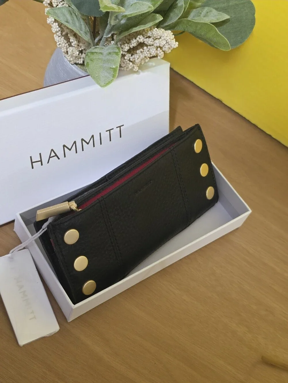 Hammitt Black Leather Zip Wallet with Gold Disc Accents